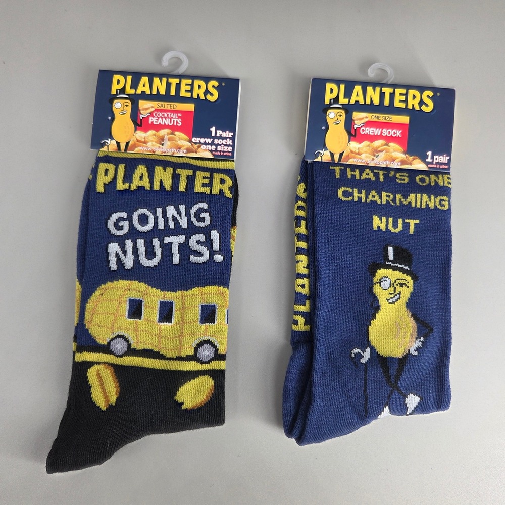 Planters Mr Peanut Crew Socks Unisex OS 2 Pair Bundle Novelty Graphic Nutmobile
